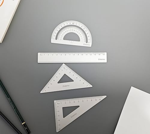 Geometry Ruler Set for Students, Metric Measurement 4-Piece Metal Math Drafting Kit with Non-Slip Design 15 cm Straightedge Ruler, 180° Protractor & 2 Triangles for School Kids (Silver) - color: Silver