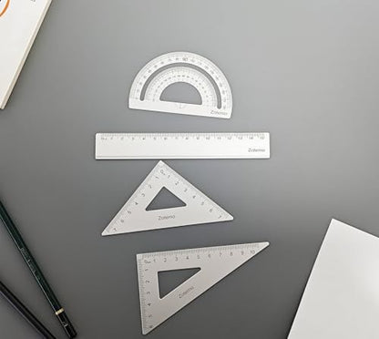 Geometry Ruler Set for Students, Metric Measurement 4-Piece Metal Math Drafting Kit with Non-Slip Design 15 cm Straightedge Ruler, 180° Protractor & 2 Triangles for School Kids (Silver) - color: Silver