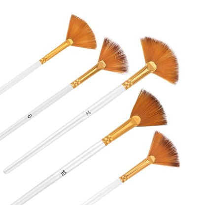 5 Pcs Fan Paint Brushes Set Acrylic Paint Brushes Set Professional Soft Anti-Shedding Nylon Hair Fan Paint Brush with Long Wood Handles for Acrylic Painting, Oil Watercolor Painting