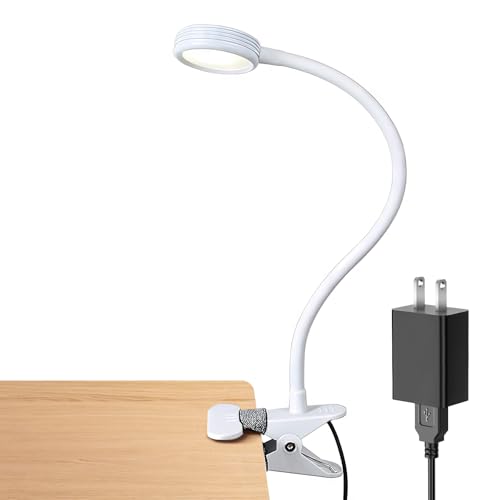 LEPOWER Clip on Light, Book Reading Lamp for Desk, Bed Headboard and Dorm | Adjustable Gooseneck, Color & Brightness Changeable, Adapter Included, LED Table Lamp for Computer, Bedside, Metal, White - color: White