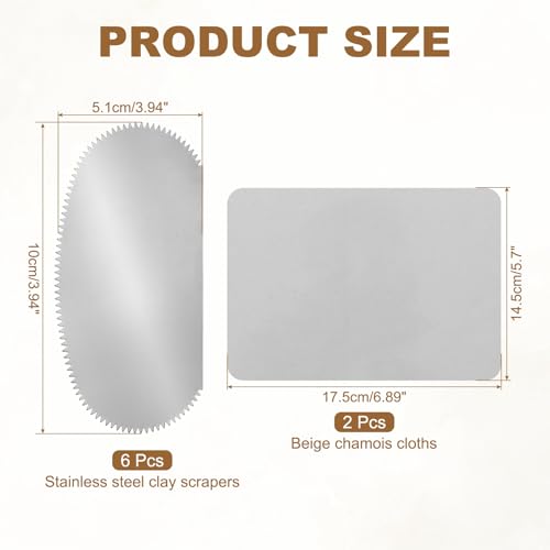 YOKIVE 6Pcs Steel Pottery Tools, Serrated Scraper Clay Ribs 3.94" x 2" Stainless Steel Sculpture Modeling Cutter Ceramic Tools with 2 Gray Chamois Cloth - color: Gray Chamois Cloth, size: 3.94" x 2"