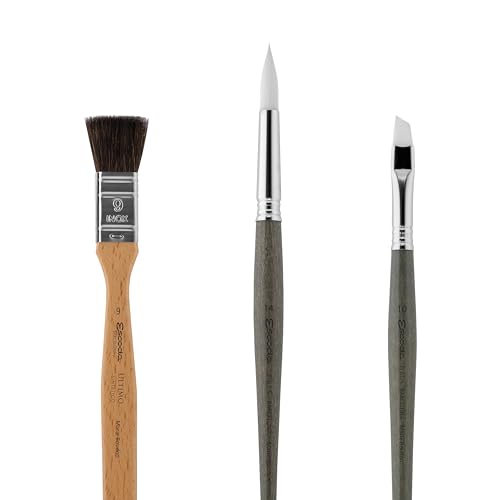 Escoda | Watercolour | Artist Set Marie Boudon | Size 9,10,14 | 3 Brushes | Synthetic White Toray + Tendo | Mottler + Angular + Round Pointed - color: Marie Boudon, size: Artist Set