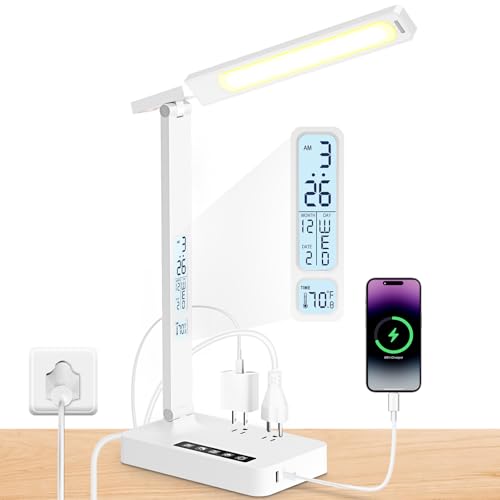 Infiway Desk Lamp with USB Charging Port: LED Desk Lamps for Home Office - 1 Type-C, 1 USB-A Charging Port, 2 AC Power Outlets - Touch Control Dimmable 5 Color 5 Brightness - color: White-Pro