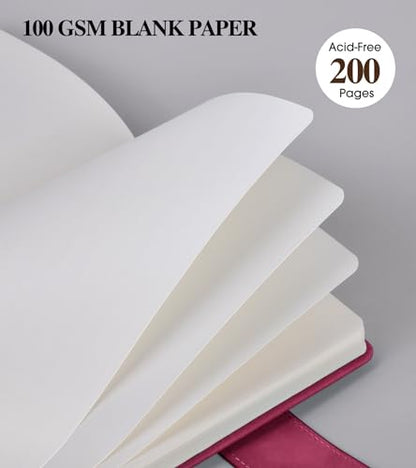PAIBAS Blank Journal Notebook, A5 Hardcover Leather Sketchbook with 200 Pages Thick Blank Paper for Men Women, Unlined Drawing & Writing Journal, 5.9" x 8.4" Plain Notebook (wine red) - color: Wine Red, size: Blank Page
