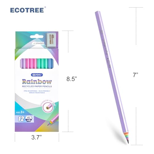 ECOTREE Pre-Sharpened Rainbow Pencils #2, Back to School Supplies, 12 Count | Cute Number 2 Pencils for Kids Students, Latex-Free Eraser, Eco Recycled Paper, Smooth Writing, Drawing, Fun Classroom Gifts