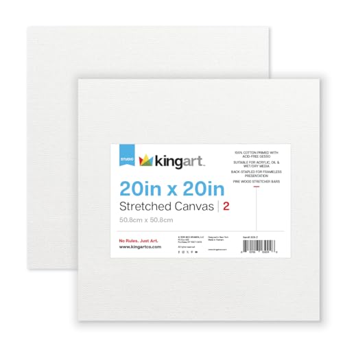 KINGART 809-2 Stretched White Canvas for Painting, 20 x 20 Inch, Pack of 2 - size: 20 x 20 Inch