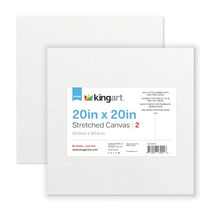 KINGART 809-2 Stretched White Canvas for Painting, 20 x 20 Inch, Pack of 2 - size: 20 x 20 Inch