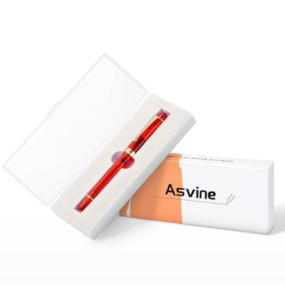 Asvine V126 Vacuum Filling Fountain Pen Gold Plated Fine Point, Transparent Red Acrylic Pen Gift Case - color: Transparent Red, style: Fine Point