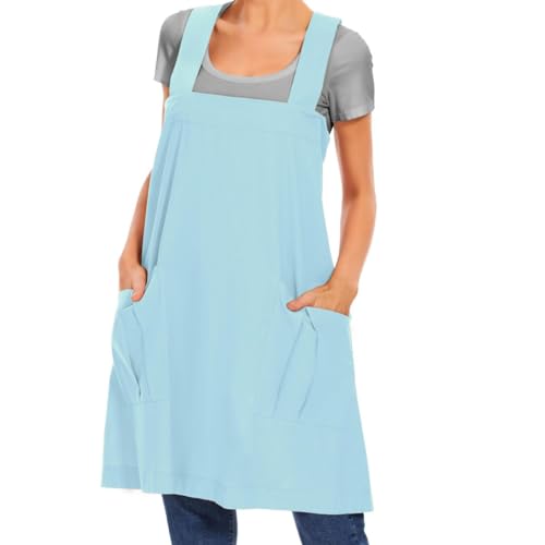 Larmliss Women's Cotton Cross Back Apron Pinafore Dress with Big Pockets Loose Square Apron for Baking Cooking Gardening - color: Light Blue, size: Medium