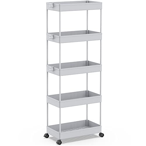 SPACEKEEPER 5 Tier Storage Rolling Cart, Bathroom Cart with Wheels, Gray | Mobile Storage Cart for Laundry Room Organization,Kitchen,Office,Bathroom, Utility Cart for Snack,Craft,Art,Makeup,Nail,Toys - color: Grey, size: 5 Tier