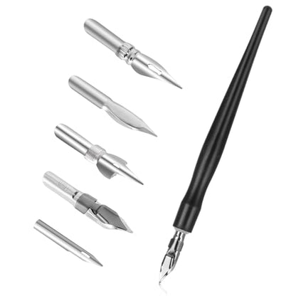 Oblique Calligraphy Pens Dip Set, Comic Pen Nib Set, Fluid Writer Pen, Calligraphy Dip Pen and Nibs Set Drawing with 5pcs Stainless Steel Pen Nibs Replacement Nibs Nib for Writing, Painting, Signing - color: black（6pcs）