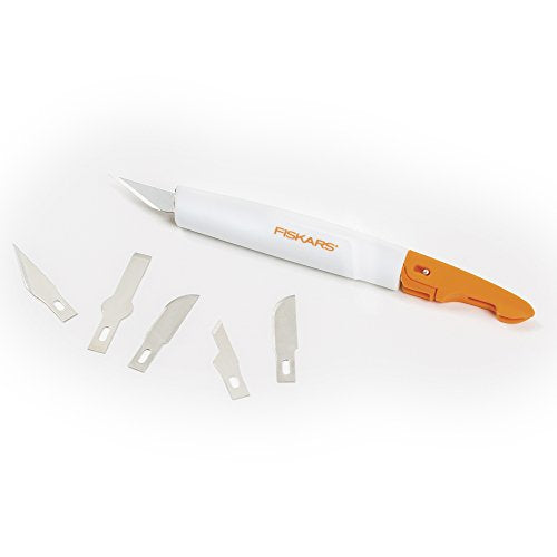 Fiskars Easy Change Precision Craft and Utility Knife Set with 12 Blades | Cutting and Carving Set, Ergonomic SoftGrip Handle with No-Roll Design, Cut Paper, Photos & More, Plastic Case for Storage - style: Cutting & Carving Set