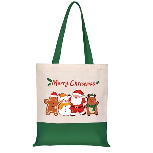 Canvas Tote Bag with Zipper for Women, Halloween Trick or Treat Bags Bulk | 13.8" x 15.3" Fashionable Two-Tone Cotton Tote Bag for Crafts, DIY Your Creative Designs - color: [A0] Christmas - Beige