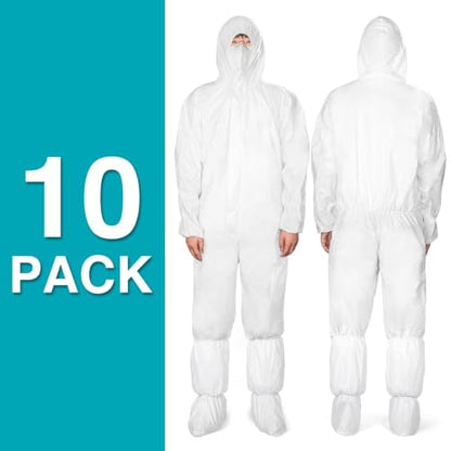 FURWEY Hazmat Suits 10 Pack Disposable Coveralls,with Shoe Covers,Elastic Wrists,Ankles and Hood,Available in 4 sizes(L-3XL) - size: Medium