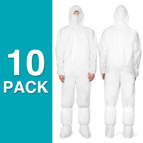 FURWEY Hazmat Suits 10 Pack Disposable Coveralls,with Shoe Covers,Elastic Wrists,Ankles and Hood,Available in 4 sizes(L-3XL) - size: X-Large
