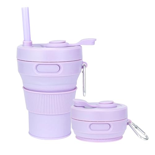 Silicone Collapsible Travel Mug Purple 15oz / 450ml - Leak-Proof Reusable Silicone Water Bottle for Hot and Cold Beverages - Travel Office and Home - Dishwasher Safe - Straw Included - color: Purple