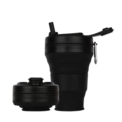 Silicone Coffee Cup with Straw lid Collapsible Cups for Traveling 20oz Lightweight Folding Water Mug for Picnic Hicking Camping Climbing (Black) - color: Black