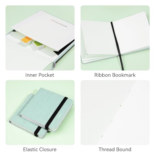 Lightwish Square Watercolor Journal,100% Cotton,300gsm/140lb,Acid-Free,24 Sheets Hot Press Watecolor Sketchbook for Artists Adults Students,4.7 * 4.7 Inches(Light Green) - color: Light Green