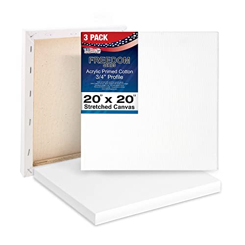 U.S. Art Supply 20 x 20 inch Stretched Canvas 12-Ounce Triple Primed, 3-Pack - Professional Artist Quality White Blank 3/4" Profile, 100% Cotton, Heavy-Weight Gesso - Acrylic Pouring, Oil Painting - size: 20" x 20"