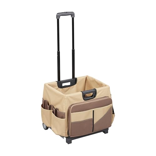 ECR4Kids Universal Rolling Cart with Canvas Organizer Bag, Mobile Storage, Dark Grey/Grey | Durable plastic, 30 compartments, adjustable handle, 40 lb capacity, collapses to 3" thick, rolling wheels for easy transport - color: Chocolate/Sand