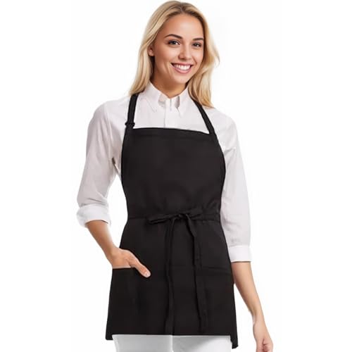 Men's Chef Apron and Women's Server Apron Featuring 3 Pockets Black Aprons. Suitable for Kitchen Cooking, Barbecue, Art Studio, Etc, Suitable for Both Men and Women
