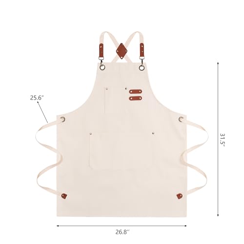 Chef Aprons for Men Canvas Apron with Large Pockets and Adjustable Neck Strap for Cooking,BBQ, Gardening - color: Cream