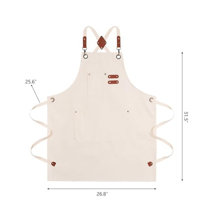 Chef Aprons for Men Canvas Apron with Large Pockets and Adjustable Neck Strap for Cooking,BBQ, Gardening - color: Cream