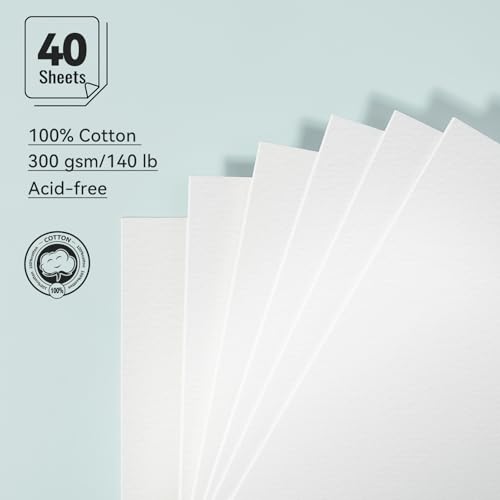 Lightwish Watercolor Paper Bulk Refillable, 100% Cotton Hot Press 300gsm/140lb, 2 Pack, Total 40 Sheets Hole-Punched Replaceable Paper for Artists, Adults, Students,6.69 * 3.94 Inches