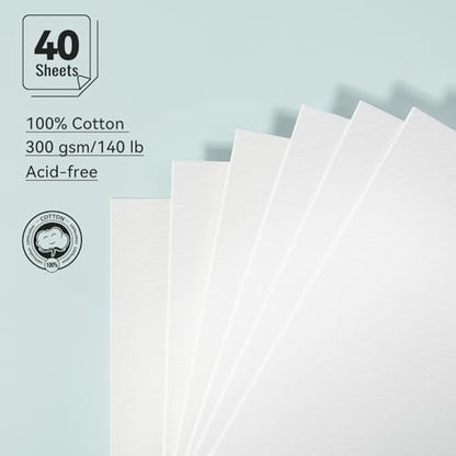 Lightwish Watercolor Paper Bulk Refillable, 100% Cotton Hot Press 300gsm/140lb, 2 Pack, Total 40 Sheets Hole-Punched Replaceable Paper for Artists, Adults, Students,6.69 * 3.94 Inches