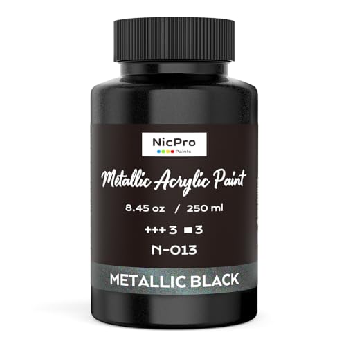 Nicpro Metallic Black Acrylic Paint, 8.45oz/250ml Large Black Craft Paint | Pearlescent Non Toxic, Non Fading Paints for Metal, Wood, Clay, Fabric, Canvas, Ceramic, Furniture, Handcrafts Art Supplies - color: Metallic Black, size: 8.45 Fl Oz (Pack of 1)