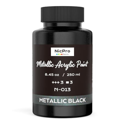 Nicpro Metallic Black Acrylic Paint, 8.45oz/250ml Large Black Craft Paint | Pearlescent Non Toxic, Non Fading Paints for Metal, Wood, Clay, Fabric, Canvas, Ceramic, Furniture, Handcrafts Art Supplies - color: Metallic Black, size: 8.45 Fl Oz (Pack of 1)