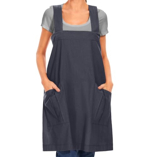 Larmliss Women's Cotton Cross Back Apron Pinafore Dress with Big Pockets Loose Square Apron for Baking Cooking Gardening - color: Dark Grey, size: Small