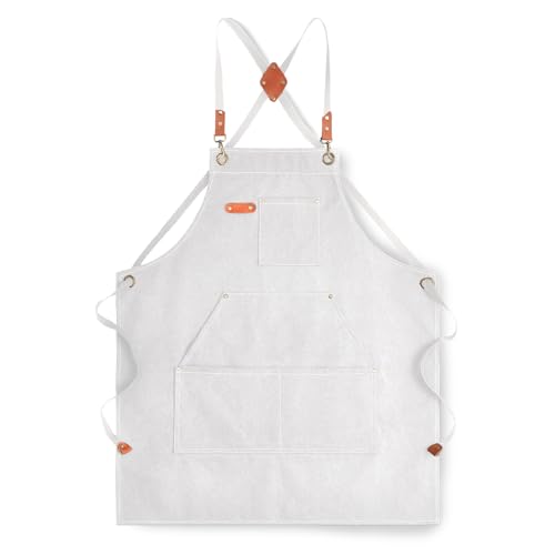 Aoomzoon Canvas Aprons for Men Chef Apron, Work Apron with Large Pockets - 16oz Heavy Duty Cross Back, BBQ, Cooking - color: White