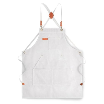 Aoomzoon Canvas Aprons for Men Chef Apron, Work Apron with Large Pockets - 16oz Heavy Duty Cross Back, BBQ, Cooking - color: White