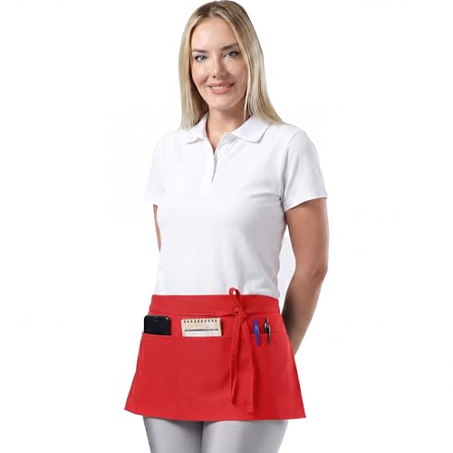 TOSHE Waist Apron 3 Pockets Waterdrop Resistant Cotton Server,Chef,Waitress - color: Red