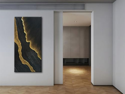 zoinart 100% Hand-Painted 3D Black and Gold Textured Wall Art, Abstract Modern Waves Oil Paintings on Canvas Wall Decor - color: BL-073