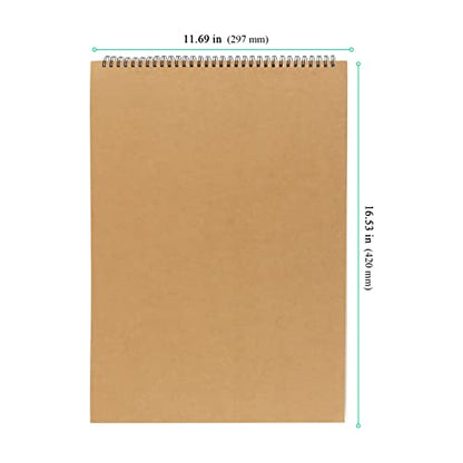 SENJEOK 2 PCS A3 Spiral Bound Drawing Pad, 11.7 x 16.5 Inch Brown Cover Sketchbook, A3 Landscape Sketch Pad for Painting, Doodling, 30 Sheets 60 Pages - size: A3