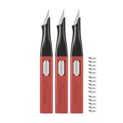Precision Craft Knife, #11 Blade Storage, 3-Pack Red | Ergonomic non-roll hobby scalpel, internal spares compartment, aluminum locking wheel for DIY modeling & scrapbooking. - color: Red*3pcs