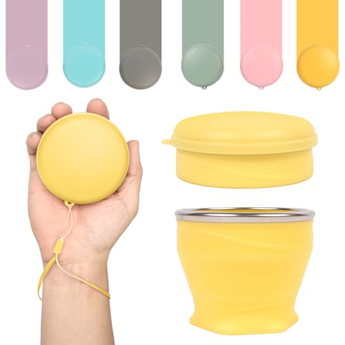 Collapsible Cup with Lid - 6oz Mini Silicone Folding Travel Cup with Steel Rim - BPA Free Small Portable Pocket Cup for Camping, Hiking, Kids, Mouthwash & Pills (Creamy yellow) - color: Creamy Yellow