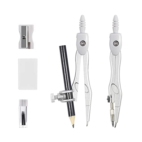 Vobou 10 pcs Math Geometry Set Student Supplies,Compass Kit Set (Grey） | Shatterproof Storage Box,Rulers,Protractor,Compass,Eraser,Pencil Sharpener,Lead Refills,Pencil,for School and Drawing - color: White
