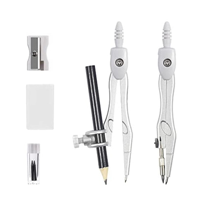 Vobou 10 pcs Math Geometry Set Student Supplies,Compass Kit Set (Grey） | Shatterproof Storage Box,Rulers,Protractor,Compass,Eraser,Pencil Sharpener,Lead Refills,Pencil,for School and Drawing - color: White