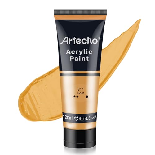 Artecho Gold Acrylic Paint, Gold Paint (120ml / 4.05oz) Tubes, Art Craft Paints for Canvas, Rock, Stone, Wood, Fabric, Art Supplies | Semi Glossy Finish, High Pigment Rich Color Craft Paint for Canvas, Rocks, Wood, Fabric, Ceramic, Non-Toxic - color: Gold