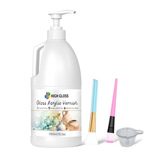 1050ML Large Gloss Acrylic Varnish with Pump, High Gloss Clear Sealer for Acrylic Paintings, Quick-Dry Water-Based Non-Toxic, UV & Yellowing Protection, Multi-Surface with Bonus Brush - size: 1050 ml