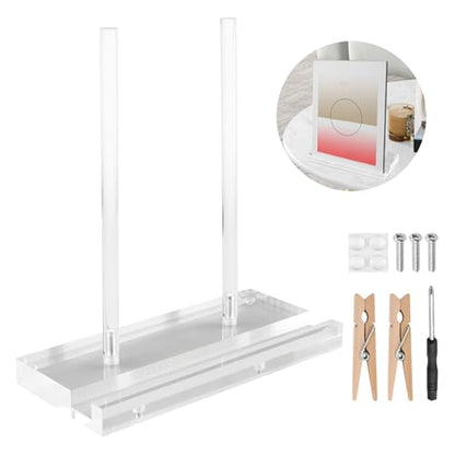 Acrylic Plate Stand with 2 Wooden Clips, Tabletop Art Display Stand, Clear Picture Stand for Book, Plate, Picture, Frame(COLOR:Clear)