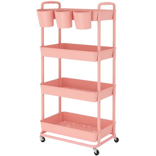 4-Tier Plastic Rolling Storage Cart Utility Cart with Extra Hanging Cups Handles Lockable Wheels for Living Room Bathroom Kitchen Office Pink | Utility Cart with Extra Hanging Cups Arc-Shaped Handles Lockable Wheels for Living Room Bathroom Kitchen Office