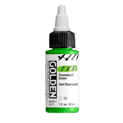 GOLDEN High Flow Acrylics, Fluorescent Green, 1 fl. oz. Bottle | Artist grade paint blending the strength of acrylic and versatility of ink for spraying, drawing, staining and mixed media.