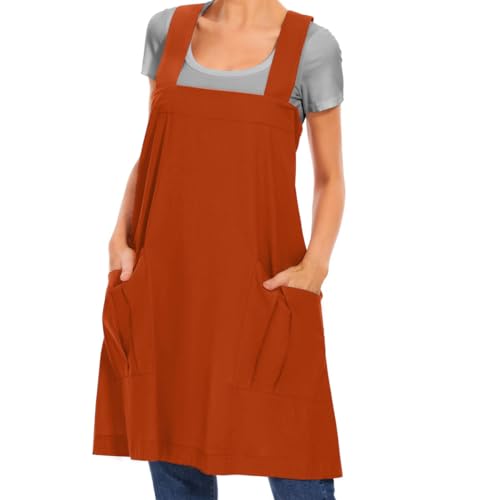 Larmliss Women's Cotton Cross Back Apron Pinafore Dress with Big Pockets Loose Square Apron for Baking Cooking Gardening - color: Orange, size: Large
