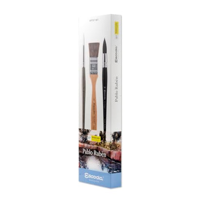 Escoda | Watercolour | Artist Set Pablo Rubén | Size 12,14,14 | 3 Brushes | Synthetic White Toray + Tendo | Round Pointed + Round mop + mottler - color: White/Brown/Black, size: Artist Set