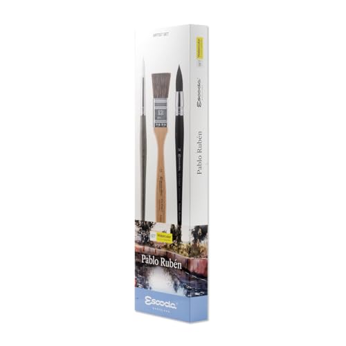 Escoda | Watercolour | Artist Set Pablo Rubén | Size 12,14,14 | 3 Brushes | Synthetic White Toray + Tendo | Round Pointed + Round mop + mottler - color: White/Brown/Black, size: Artist Set