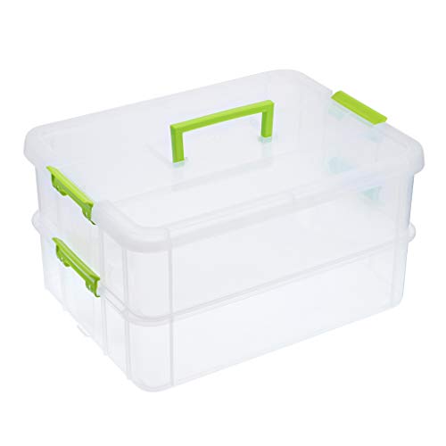 JUXYES 2-Tiers Plastic Stack Carry Storage Containers Box wih Handle Lids | Clear Stackable Latching Craft Storage Bin for School Office, Organizing Stationery, Sewing, Art Craft, DIY Supplies, Green - color: Green